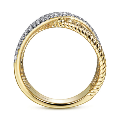 14K Yellow Gold Twisted Rope and Diamond Criss Cross Ring
