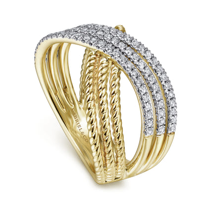 14K Yellow Gold Twisted Rope and Diamond Criss Cross Ring