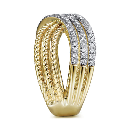 14K Yellow Gold Twisted Rope and Diamond Criss Cross Ring