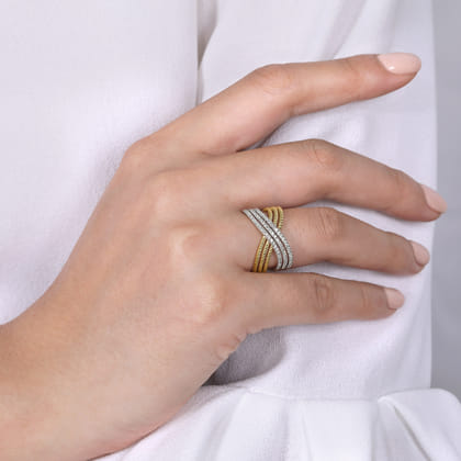 14K Yellow Gold Twisted Rope and Diamond Criss Cross Ring