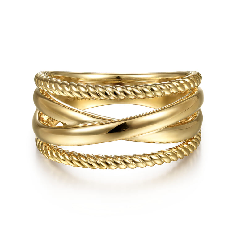 14K Yellow Gold Twisted and Plain Criss Cross Ring - Shot 1