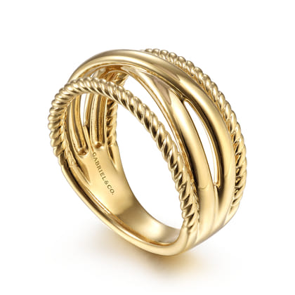 14K Yellow Gold Twisted and Plain Criss Cross Ring
