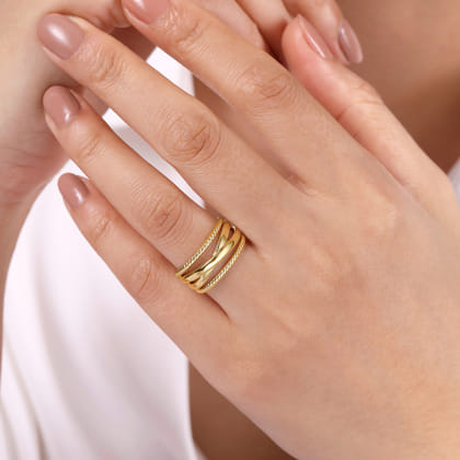 14K Yellow Gold Twisted and Plain Criss Cross Ring