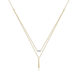 14K Yellow Gold Two Strand Diamond Bar and Bujukan Beaded Pendant Necklace