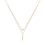 14K Yellow Gold Two Strand Diamond Bar and Bujukan Beaded Pendant Necklace