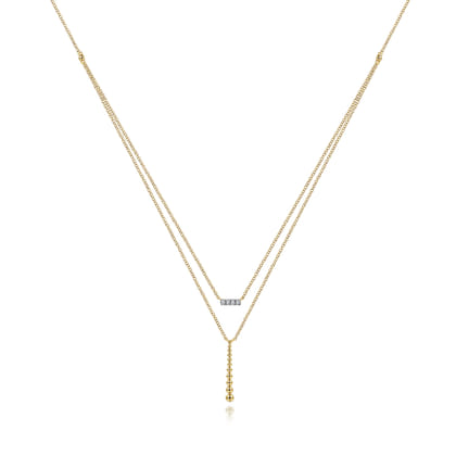 14K Yellow Gold Two Strand Diamond Bar and Bujukan Beaded Pendant Necklace