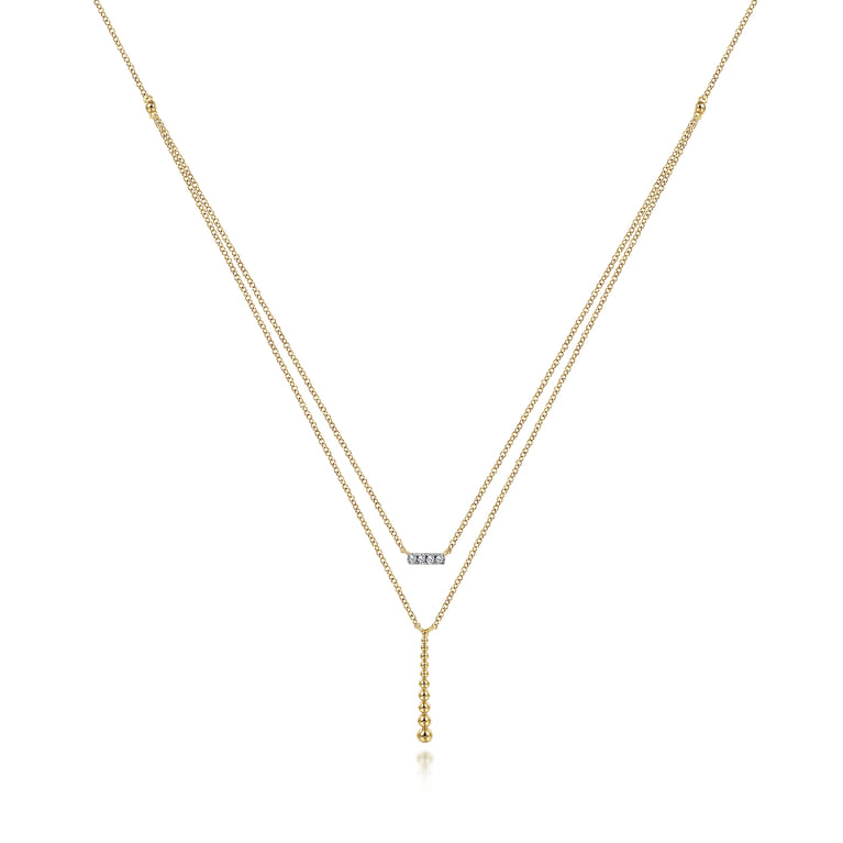 14K Yellow Gold Two Strand Diamond Bar and Bujukan Beaded Pendant Necklace - 0.05 ct - Shot 1
