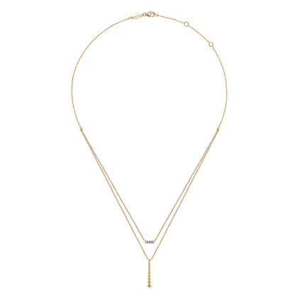 14K Yellow Gold Two Strand Diamond Bar and Bujukan Beaded Pendant Necklace