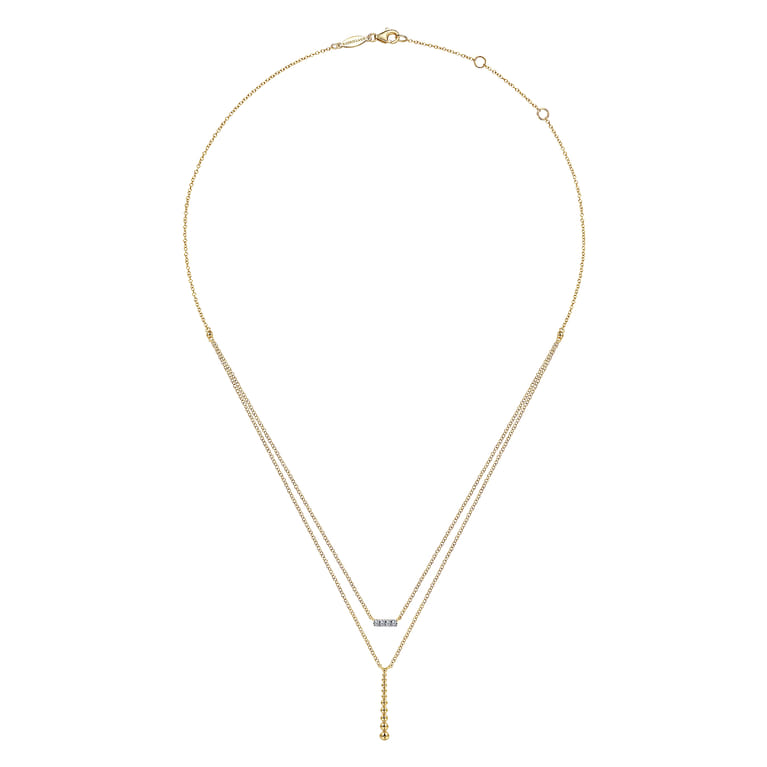 14K Yellow Gold Two Strand Diamond Bar and Bujukan Beaded Pendant Necklace - 0.05 ct - Shot 2