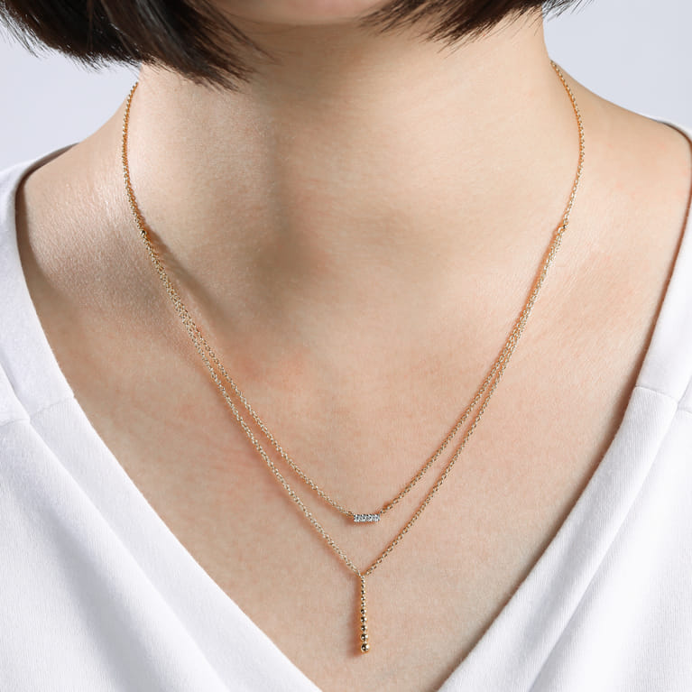 14K Yellow Gold Two Strand Diamond Bar and Bujukan Beaded Pendant Necklace - 0.05 ct - Shot 3