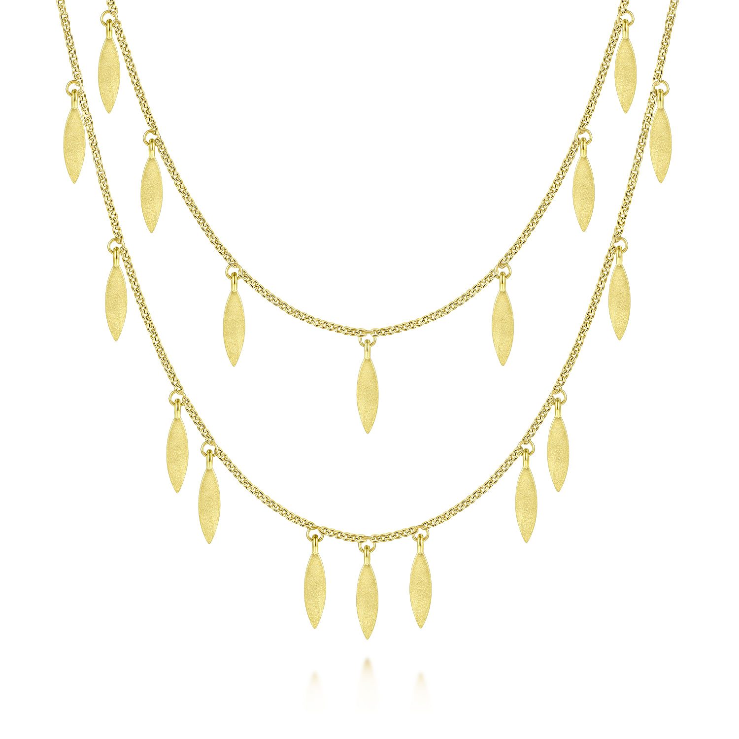14K Yellow Gold Two Strand Necklace with Marquise Shape Drops