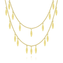 14K Yellow Gold Two Strand Necklace with Marquise Shape Drops