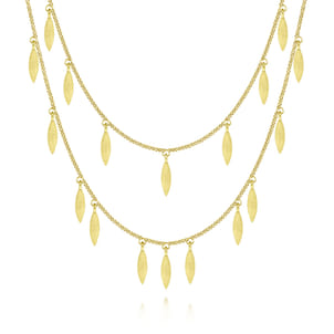 14K Yellow Gold Two Strand Necklace with Marquise Shape Drops