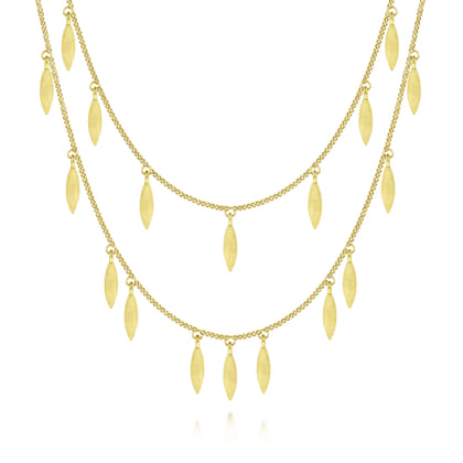 14K Yellow Gold Two Strand Necklace with Marquise Shape Drops
