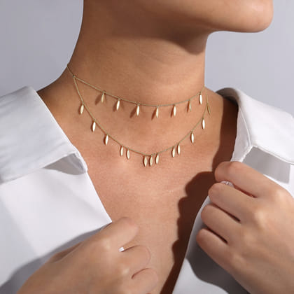 14K Yellow Gold Two Strand Necklace with Marquise Shape Drops