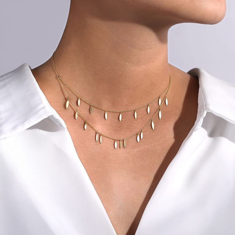 14K Yellow Gold Two Strand Necklace with Marquise Shape Drops - Shot 4