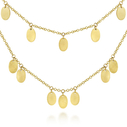 14K Yellow Gold Two Strand Necklace with Oval Shape Drops