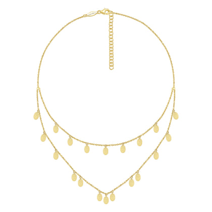 14K Yellow Gold Two Strand Necklace with Oval Shape Drops