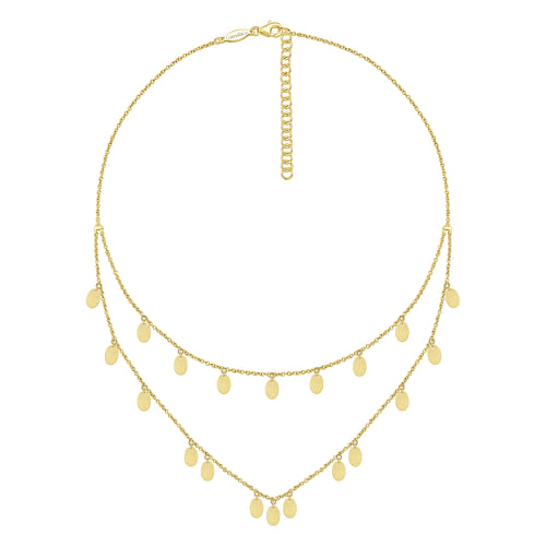 14K Yellow Gold Two Strand Necklace with Oval Shape Drops - Shot 2