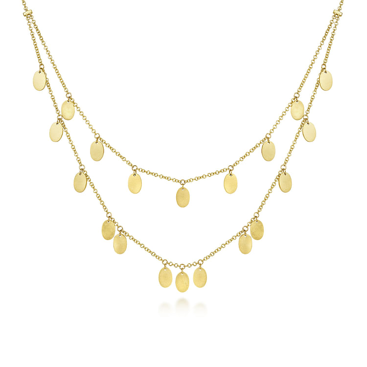 14K Yellow Gold Two Strand Necklace with Oval Shape Drops