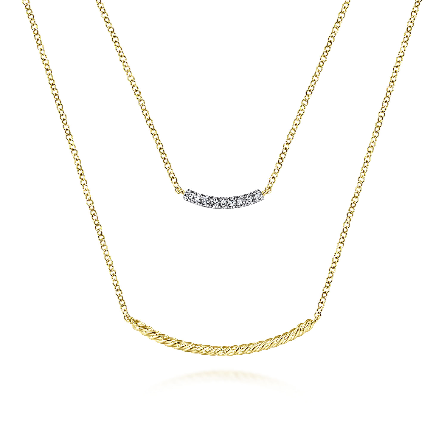 14K Yellow Gold Two Strand Twisted and Diamond Bar Necklace