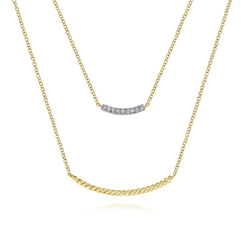 14K Yellow Gold Two Strand Twisted and Diamond Bar Necklace
