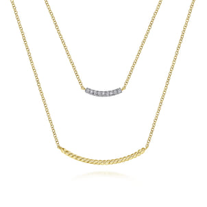 14K Yellow Gold Two Strand Twisted and Diamond Bar Necklace