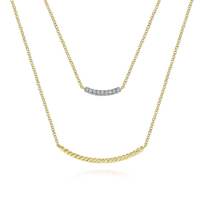 14K Yellow Gold Two Strand Twisted and Diamond Bar Necklace