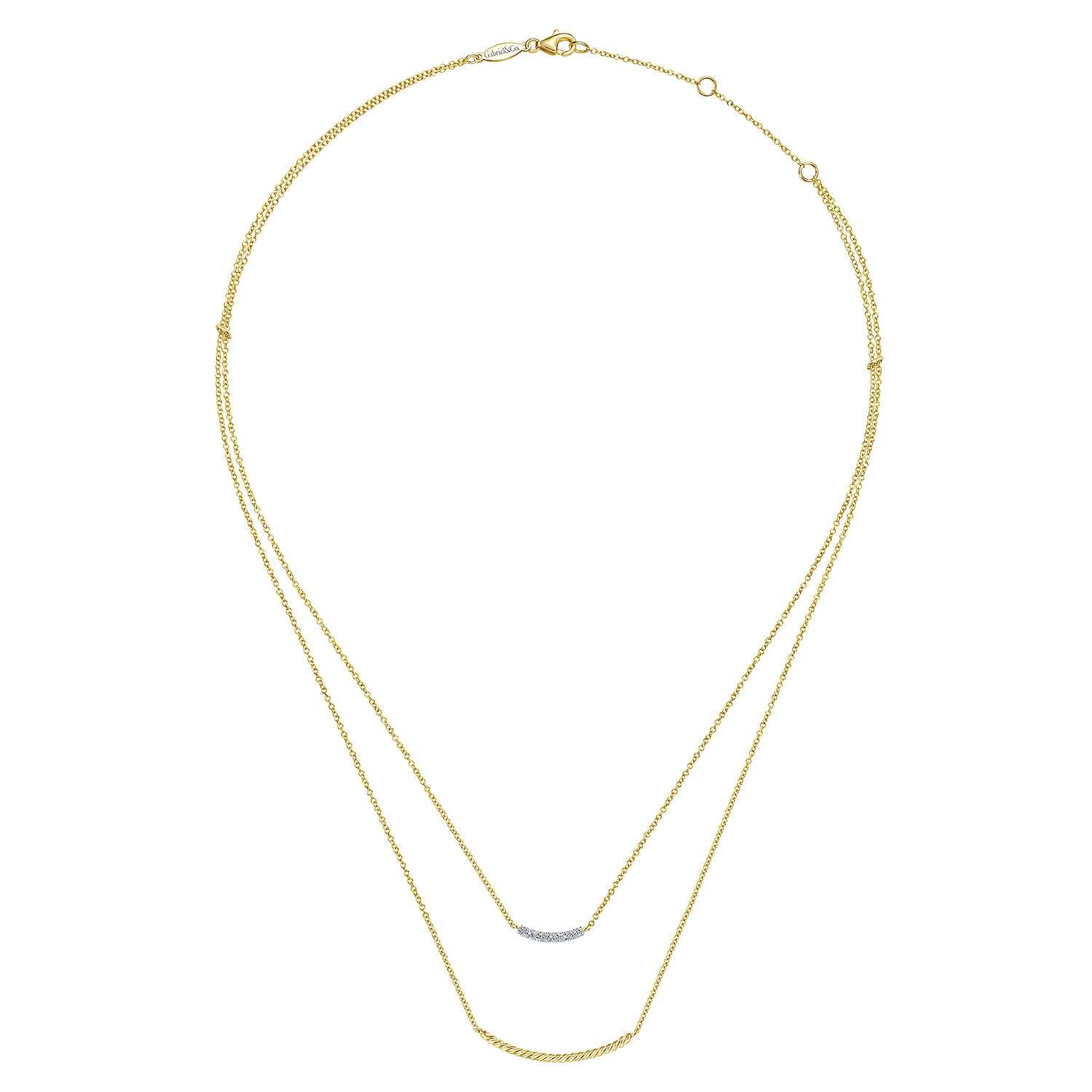 14K Yellow Gold Two Strand Twisted and Diamond Bar Necklace