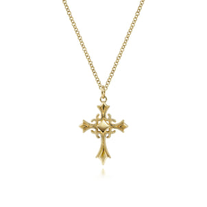14K Yellow Gold Vintage Inspired Cross Pendant Necklace