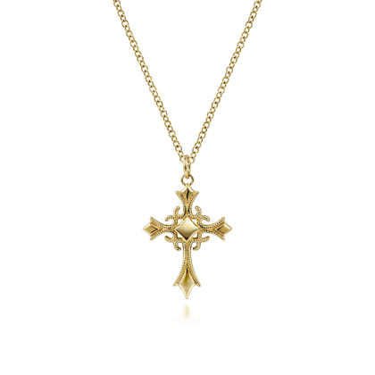 14K Yellow Gold Vintage Inspired Cross Pendant Necklace