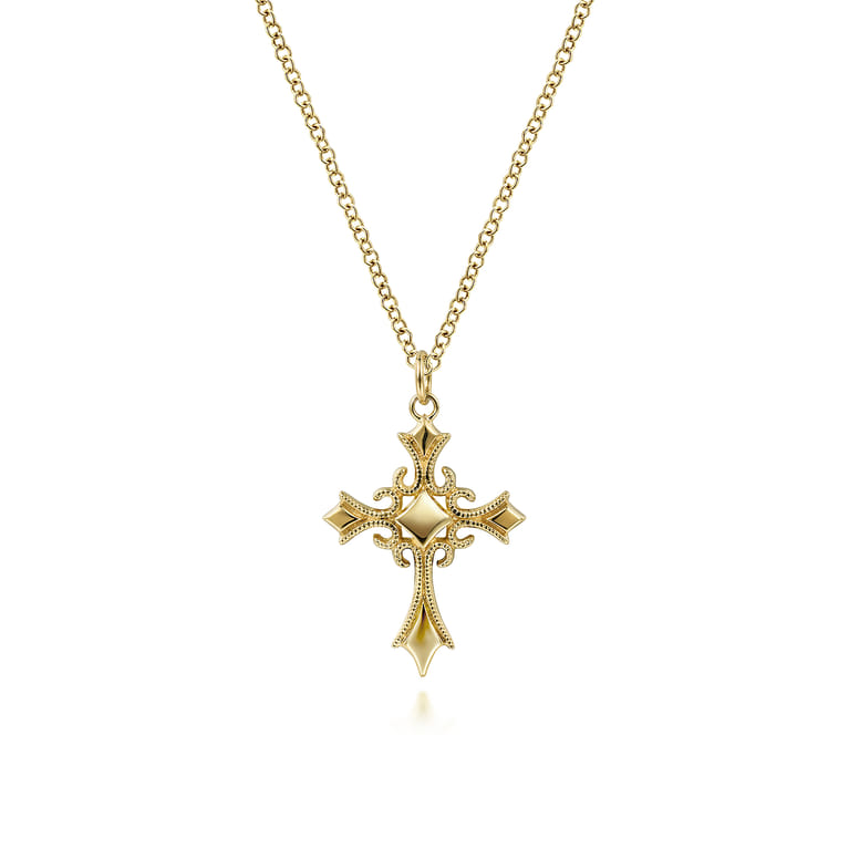 14K Yellow Gold Vintage Inspired Cross Pendant Necklace - Shot 1