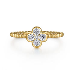 14K Yellow Gold White Sapphire Cluster Clover and Bujukan Bead Stackable Ring