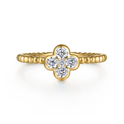 14K Yellow Gold White Sapphire Cluster Clover and Bujukan Bead Stackable Ring