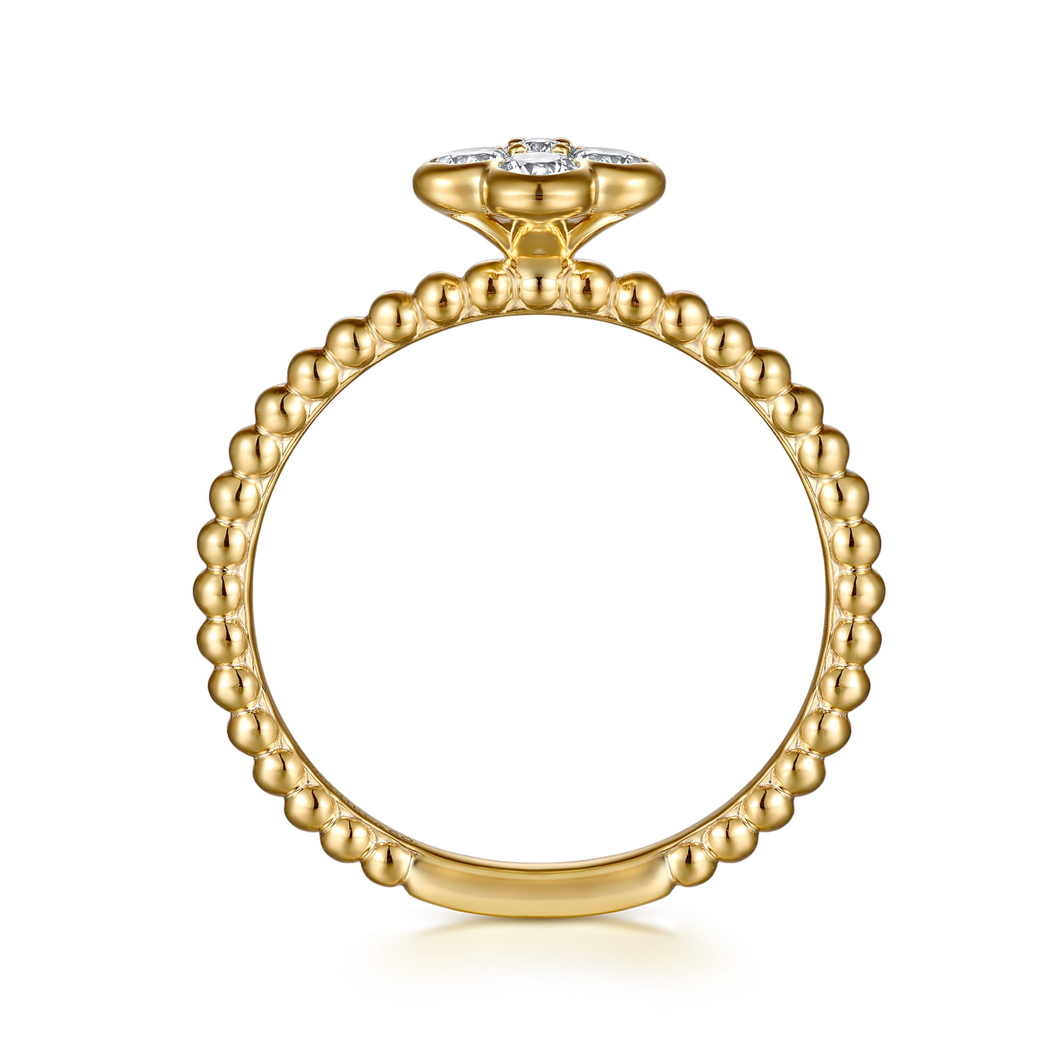 14K Yellow Gold White Sapphire Cluster Clover and Bujukan Bead Stackable Ring - Shot 2