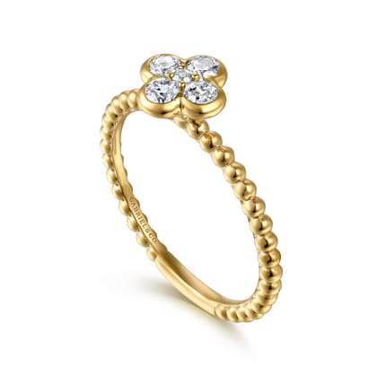 14K Yellow Gold White Sapphire Cluster Clover and Bujukan Bead Stackable Ring