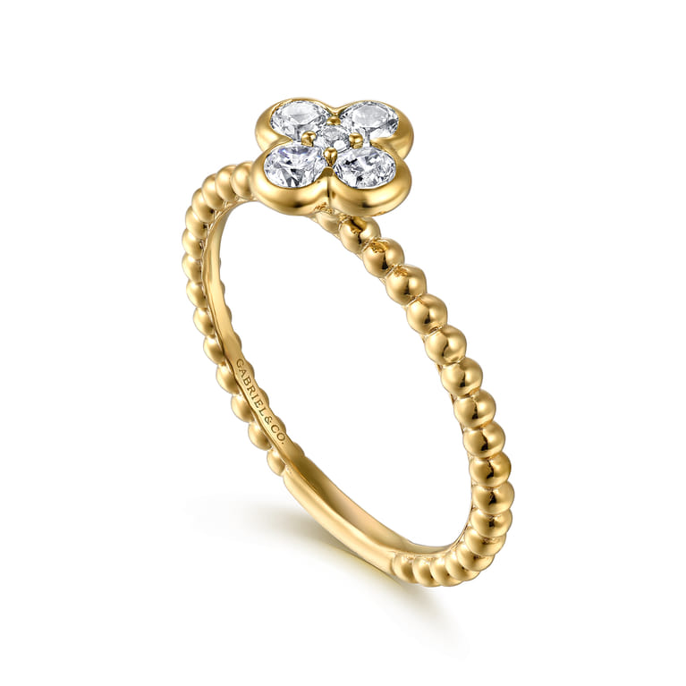 14K Yellow Gold White Sapphire Cluster Clover and Bujukan Bead Stackable Ring - Shot 3