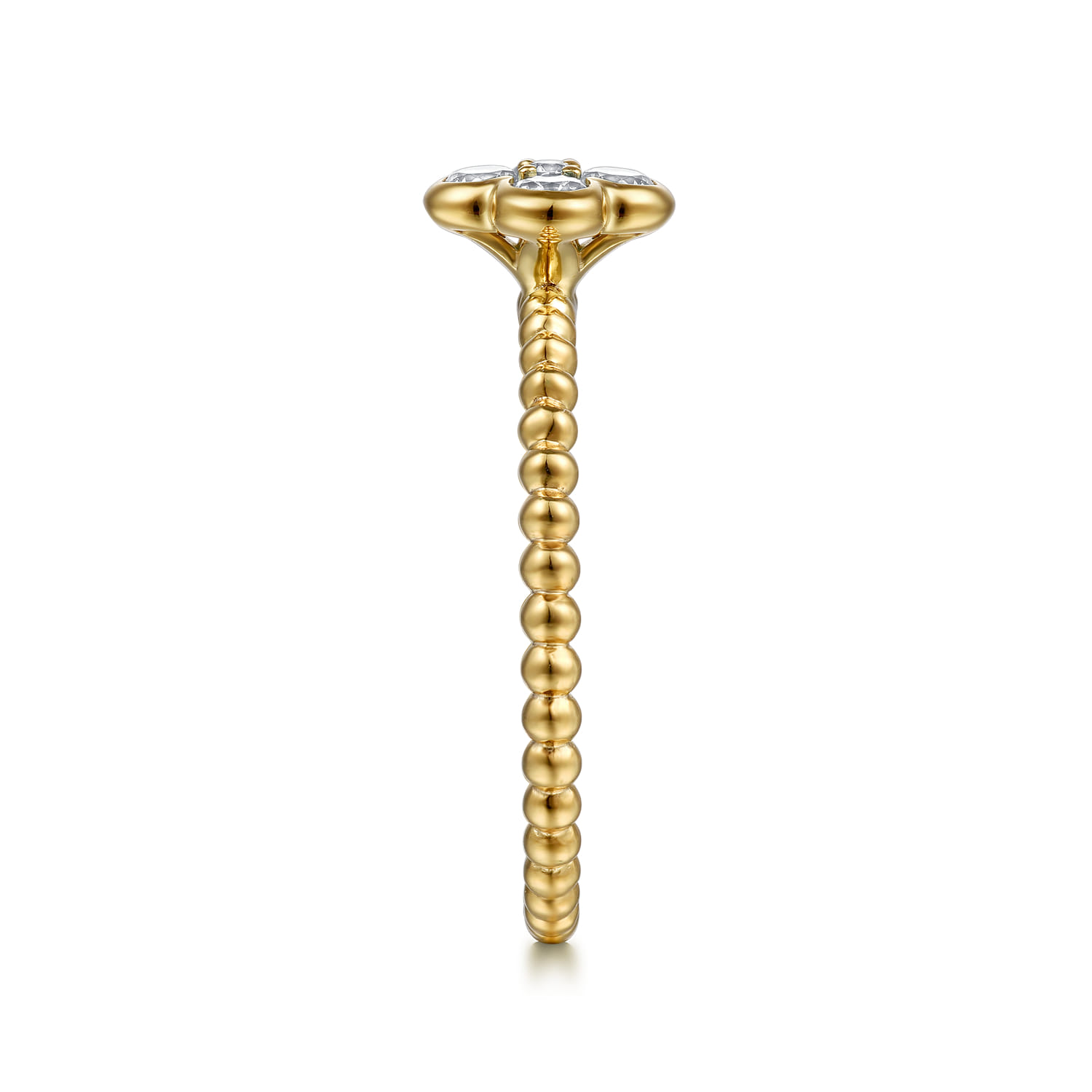 14K Yellow Gold White Sapphire Cluster Clover and Bujukan Bead Stackable Ring - Shot 4