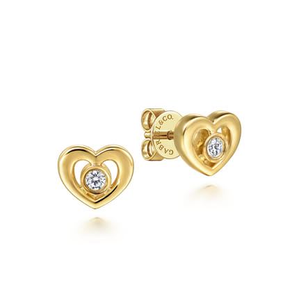 14K Yellow Gold White Sapphire Heart Stud Earrings