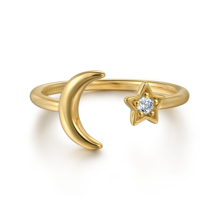 14K Yellow Gold White Sapphire Moon and Star Open Ladies Ring - Shot 1