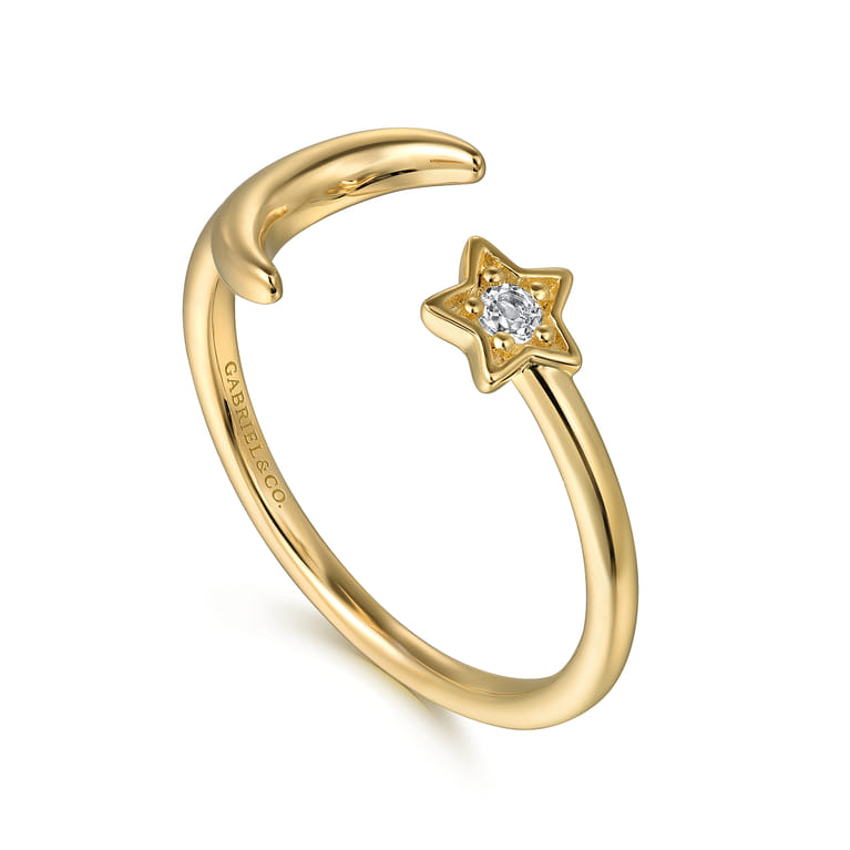 14K Yellow Gold White Sapphire Moon and Star Open Ladies Ring - Shot 3