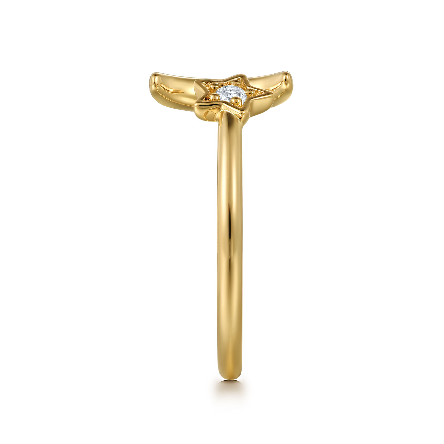 14K Yellow Gold White Sapphire Moon and Star Open Ladies Ring