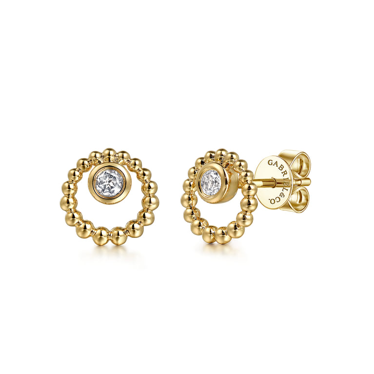 14K Yellow Gold White Sapphire Stud Earrings- Bujukan - Shot 1