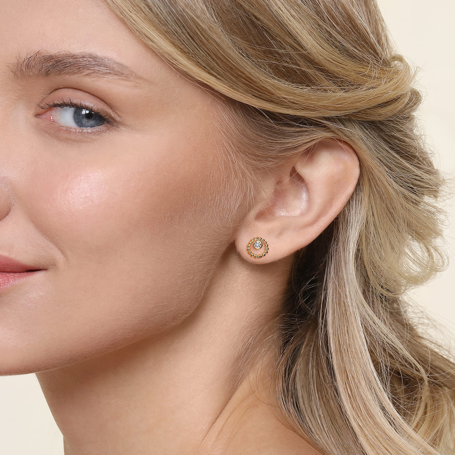14K Yellow Gold White Sapphire Stud Earrings- Bujukan - Shot 2