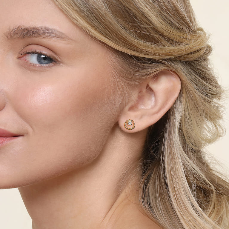 14K Yellow Gold White Sapphire Stud Earrings- Bujukan - Shot 2