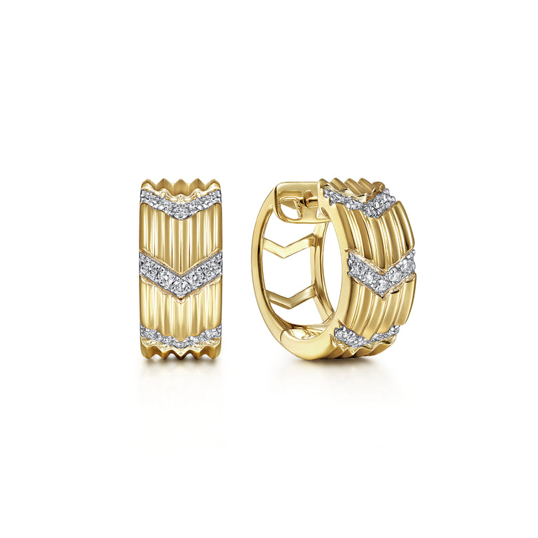 14K Yellow Gold Wide 15mm Chevron Diamond Station Huggies - 0.25 ct - Shot 1