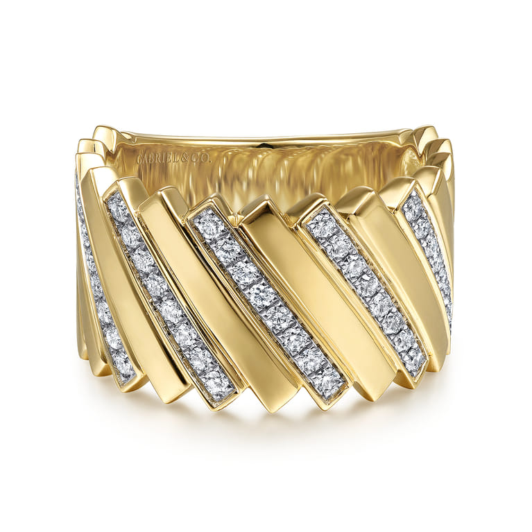 14K Yellow Gold Wide Alternating Diamond and Plain Strand Ring - 0.4 ct - Shot 1