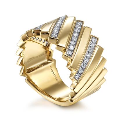 14K Yellow Gold Wide Alternating Diamond and Plain Strand Ring