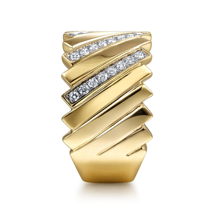 14K Yellow Gold Wide Alternating Diamond and Plain Strand Ring