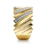 14K Yellow Gold Wide Alternating Diamond and Plain Strand Ring - 0.4 ct